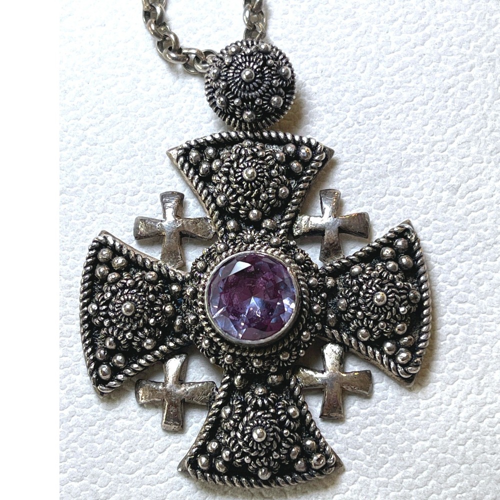Vintage 980 Silver Jerusalem Cross Amethyst Filigree Necklace 44g